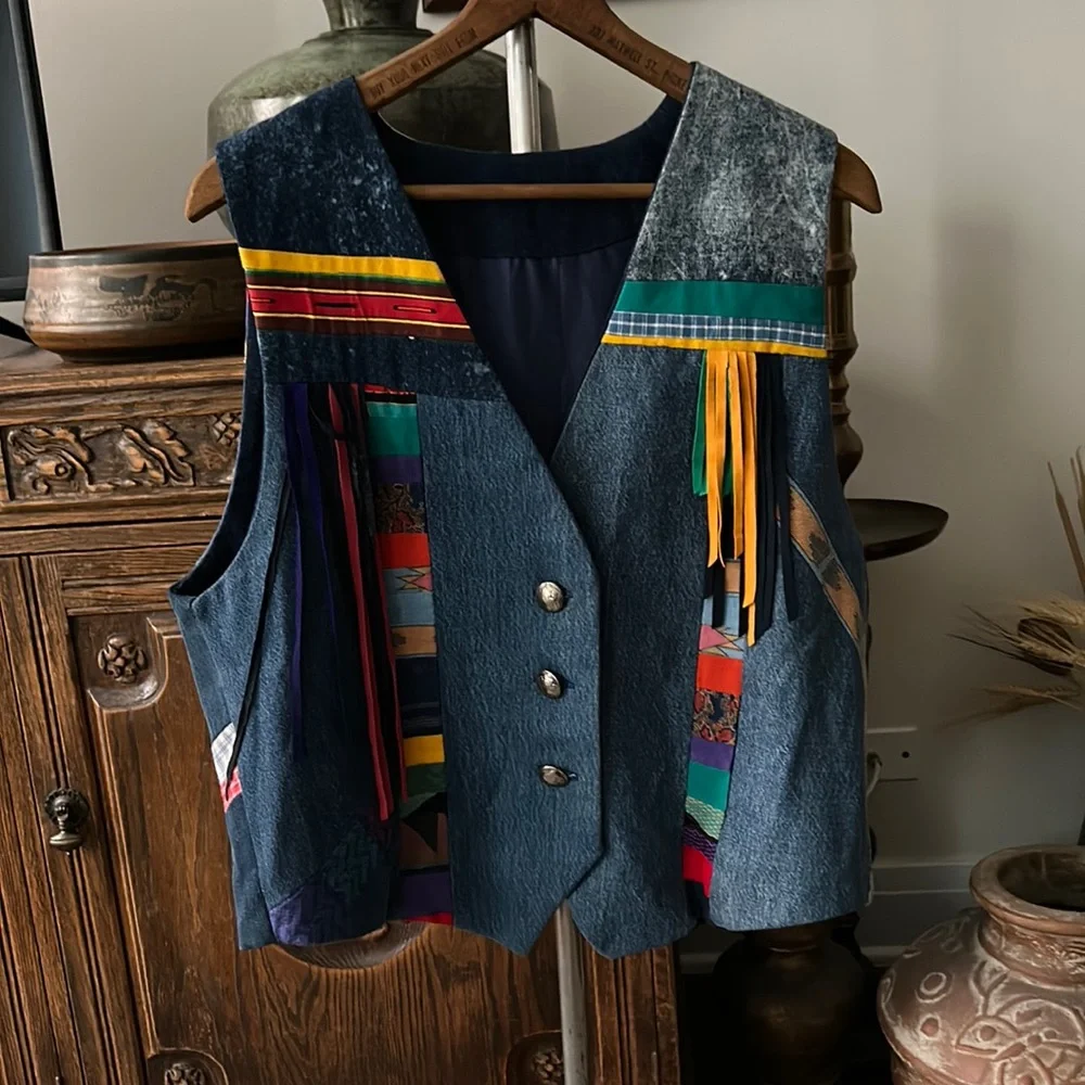VINTAGE Patchwork Denim Vest with Fringe  HANDMADE - Picture 2 of 4